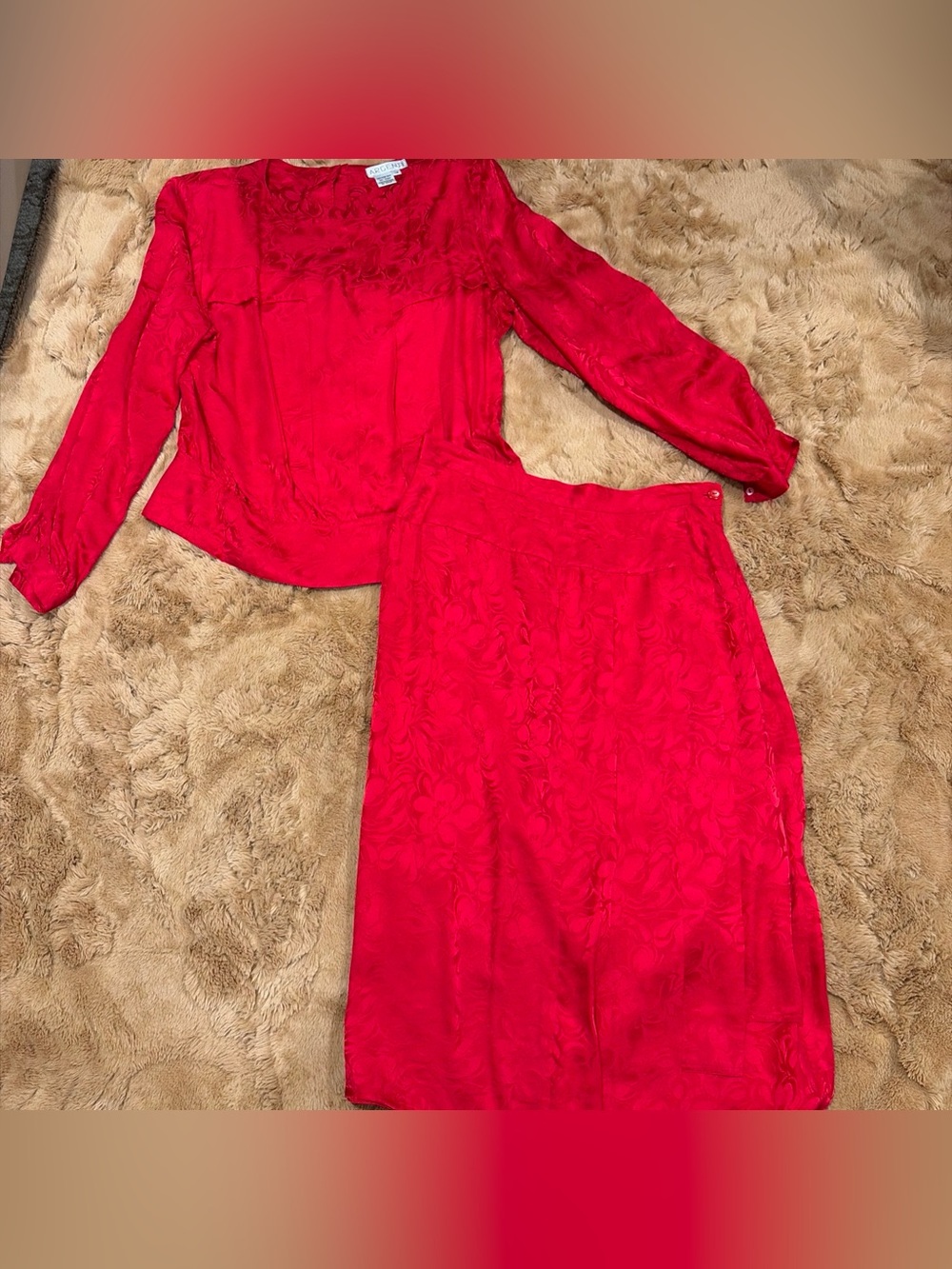 Vintage Silk Outfit Set Top Skirt Red 80s Retro Floral Power Dressing Old Money